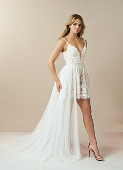 Azazie Maylie At-home Try On Dresses Diamond White Champagne Lace Tulle Dress image4