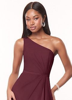 Azazie Liza Vestidos de damas de honor Vestido de Cabernet de Gasa de Corte Sirena con Hombro unilateral image5
