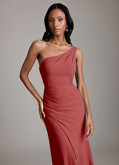 Azazie Madelyn Bridesmaid Dresses Rust Mermaid One Shoulder Chiffon Convertible Dress image7