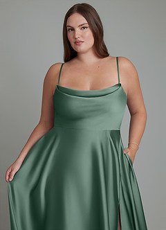 Azazie Elle Bridesmaid Dresses Eucalyptus A-Line Pleated Stretch Satin Dress image10