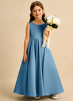 Azazie Pepper vestidos de niña de las flores Vestido de Azul Acero de Satin Mate de Corte En A con Plisado image6