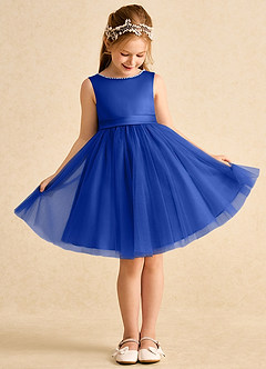 Azazie Jani vestidos de niña de las flores Vestido de Azul Real de Tul de Corte En A con Lazo image2