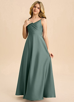 Azazie Bug Junior Sea Moss A-Line Pleated Stretch Satin Dress image3