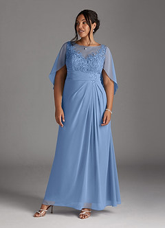 Azazie Hera At-home Try On Dresses Steel Blue A-Line Lace Capelet Chiffon Dress image8