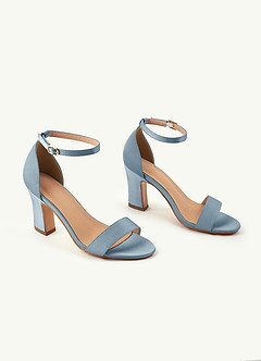 front Matchande färg Stretch Satin One Strap Spänne Chunky Heel Sandaler