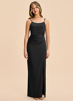 Azazie Calandra Junior Vestido Negro de Satén Elástico de Corte Recto con Plisado image6