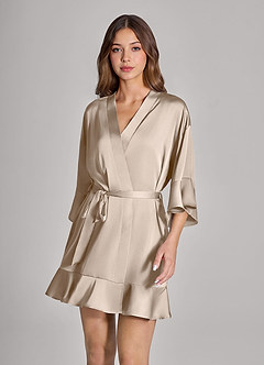 front Farblich passendes 2-teiliges Set aus Satin-Bademantel und Unterkleid mit Rüschen