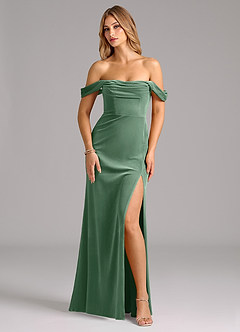 Azazie Saige Bridesmaid Dresses Eucalyptus Sheath Off the Shoulder Velvet Convertible Dress image7