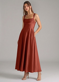Azazie Shaude Jurken voor bruidsmeisjes Jurk van Stretch Satijn met A-Lijn Geplooid Terracotta image5