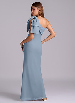 Azazie Yuanna At-home Try On Dresses Dusty Blue Mermaid One Shoulder Chiffon Dress image6