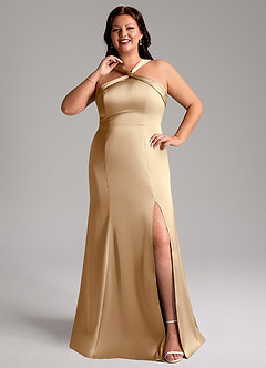Azazie Rue Bridesmaid Dresses Champagne A-Line Pleated Stretch Satin Dress image8