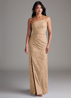 Azazie Eren Brautjungfernkleider Etui One-Shoulder Blumen-Burnout Kleid Champagner image4