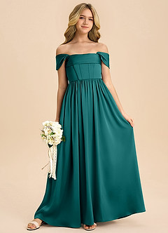 Azazie Hattie Junior Abito A-Line in Raso Elasticizzato Plissettato Verde Pavone image3