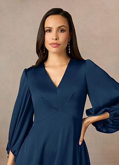 Azazie Luna Mother of the Bride Dresses Dark Navy A-Line Pleated Stretch Satin Dress image9