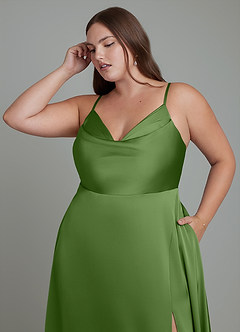 Azazie Sarella Bridesmaid Dresses Basil A-Line Pleated Stretch Satin Dress image9