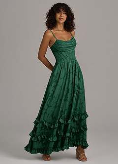 Azazie Lettie Bridesmaid Dresses Dark Green A-Line Corset Floral Burnout Dress image4