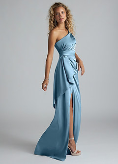 Azazie Maive Final Sale Steel Blue Sheath Ruched Stretch Satin Dress image4