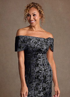 Azazie Zion Mother of the Bride Dresses Black Sheath Off the Shoulder Floral Jacquard Dress image7