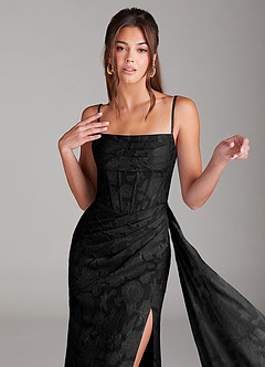 Azazie Denisa Vestidos de damas de honor Vestido de Negro de Devorado Floral de Corte Recto con Plisado image6