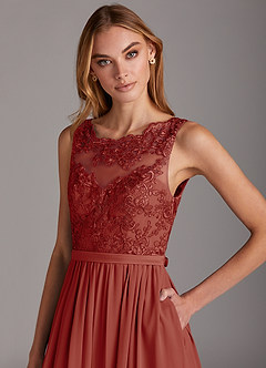 Azazie Elly Brautjungfernkleider A-Linie Rundhalsausschnitt mit Spitze Chiffon Kleid Terrakotta image6