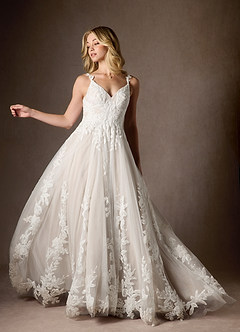 Azazie Delaina Vestidos de novia Vestido de Blanco Diamante Arena de Tul de Corte en A con Lentejuelas cuello pico image12