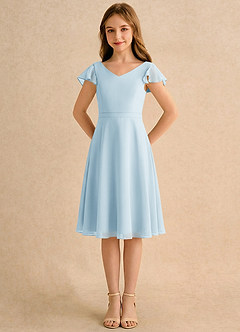 Azazie Narin Girls Formal Robe Demoiselle D'honneur Fillette Robe Trapèze en Mousseline de soie avec manches Bleu Ciel image5