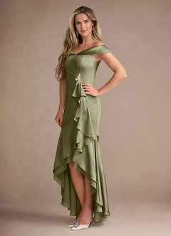 Azazie Billings Mother of the Bride Dresses Pistachio Mermaid Off the Shoulder Stretch Satin Dress image2
