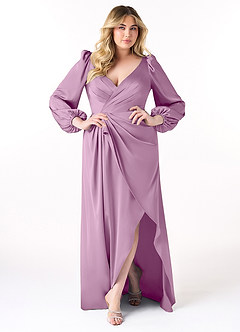 Azazie Mel Bridesmaid Dresses Wisteria Sheath Long Sleeve Stretch Satin Dress image7