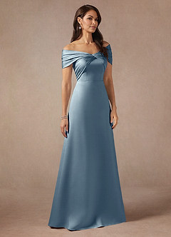 Azazie Amelia Mother of the Bride Dresses Dusty Blue A-Line Off the Shoulder Stretch Satin Dress image4