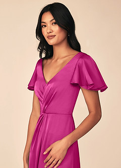 Azazie Soren Bridesmaid Dresses Fuchsia A-Line Pleated Stretch Satin Dress image7