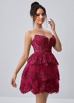 Liaorde Burgund Minikleid aus Spitze, Pailletten, Stickerei, Rüschen, A-Linie, Korsett image3