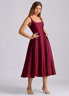 Azazie Amalie Bridesmaid Dresses Burgundy A-Line Pleated Stretch Satin Dress image4
