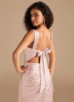 Azazie Jesaphine Bridesmaid Dresses Blushing Pink Sheath Bow Metallic Satin Dress image2