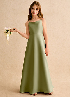 Azazie Joella Girls Formal Flower Girl Dresses Moss Green A-Line Pleated Matte Satin Dress image2