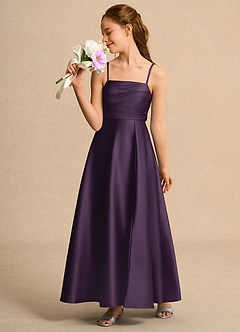 Azazie Pebbles Junior Formal vestidos de niña de las flores Vestido de Ciruela de Satin Mate de Corte En A con Plisado image5