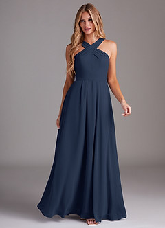 Azazie Dixie Bridesmaid Dresses Dark Navy A-Line Halter Pleated Chiffon Dress image3