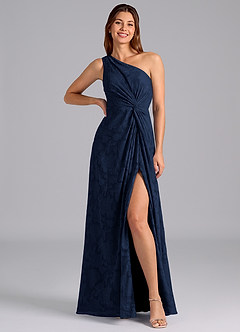 Azazie Brooke Bridesmaid Dresses Dark Navy A-Line One Shoulder Floral Burnout Dress image3