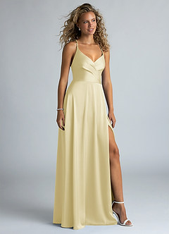 Azazie Davis Jurken voor bruidsmeisjes Jurk van Stretch Satijn met A-Lijn Geplooid Citroensorbet image5