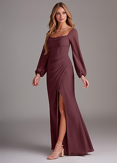 Azazie Charissa Bridesmaid Dresses Sangria Sheath Long Sleeve Chiffon Dress image4