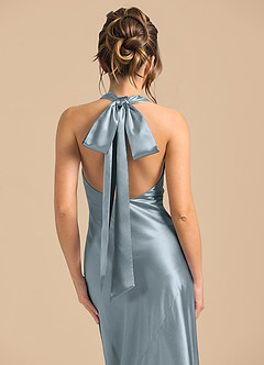 Azazie Velli Bridesmaid Dresses Dusty Blue Sheath High Neck Metallic Satin Dress image6