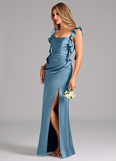 Azazie Jessamine Bridesmaid Dresses Steel Blue A-Line Corset Stretch Satin Dress image5