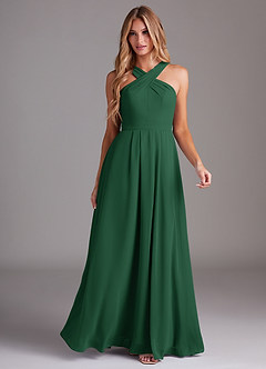 Azazie Dixie Bridesmaid Dresses Dark Green A-Line Halter Pleated Chiffon Dress image3