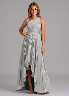 Azazie Lyrica 신부 들러리 드레스 A라인 한쪽 어깨 스트레치 새틴 비대칭 드레스 image1