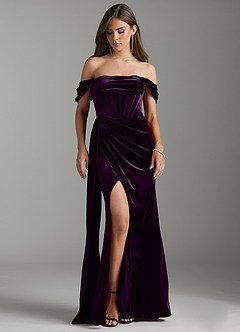 Azazie Amyra Bridesmaid Dresses Grape Sheath Off the Shoulder Velvet Convertible Dress image5