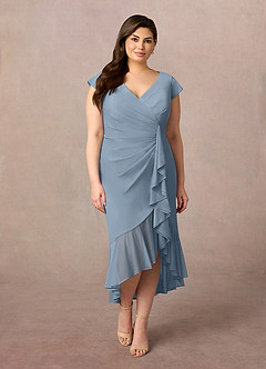 Azazie Renetta Mother of the Bride Dresses Dusty Blue Sheath V-Neck Pleated Mesh Dress image8