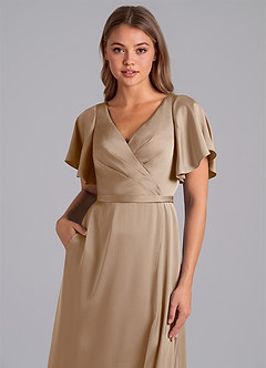 Azazie Ambrosia Bridesmaid Dresses Taupe A-Line Pleated Stretch Satin Dress image2