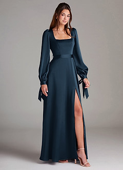 Azazie Leonia Bridesmaid Dresses Dark Navy A-Line Long Sleeve Stretch Satin Dress image3