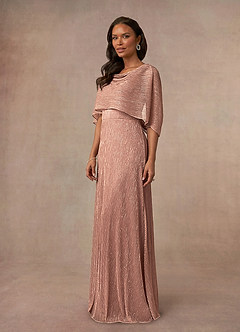 Azazie Loretta Mother of the Bride Dresses Rose Gold A-Line Cowl Cape Metallic Mesh Dress image3