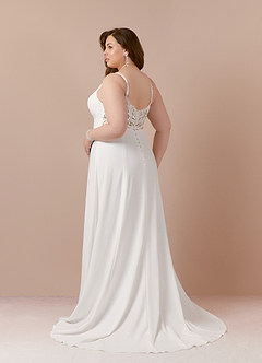 Azazie Xena Vestidos de novia Vestido de Blanco Diamante Arena de Crepé elástico de Corte en A con Lentejuelas cuello pico image10