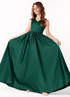 Azazie Hathaway Junior Emerald A-Line Bow Stretch Satin Dress image2